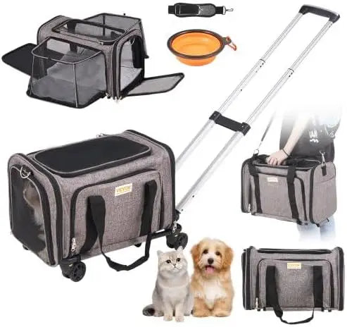 Cat Carrier with Wheels – Airline Approved Rolling Pet Carrier with Telescopic Handle and Shoulder Strap