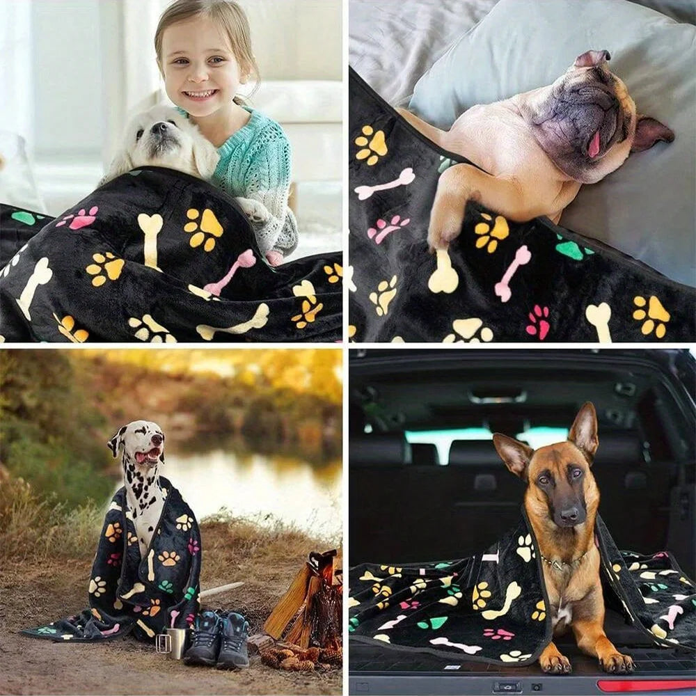 Black Soft Fluffy Pet Blanket – Warm & Cozy Cartoon Bone Design Mat for Cats and Dogs