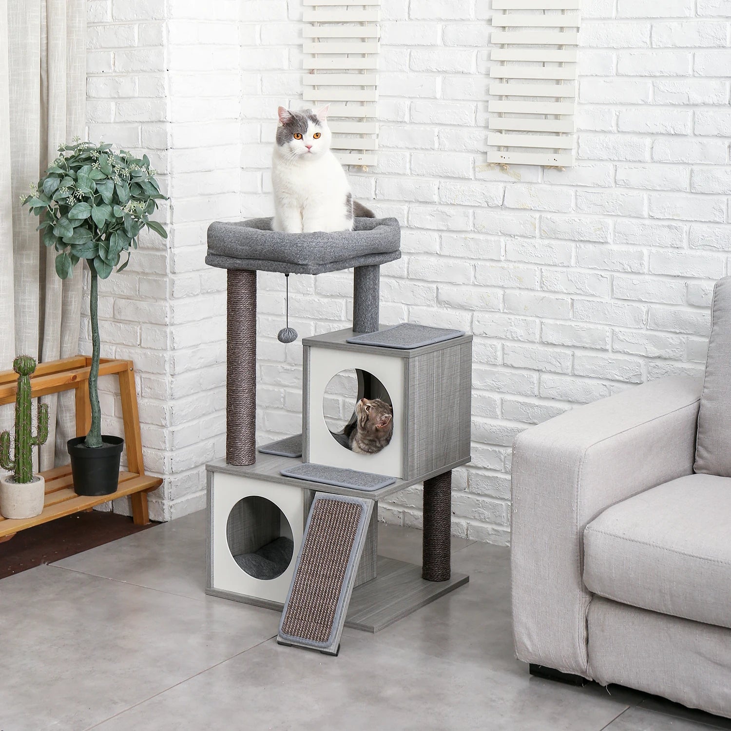 Wooden Cat Tower – Double Condos with Scratching Posts & Perches