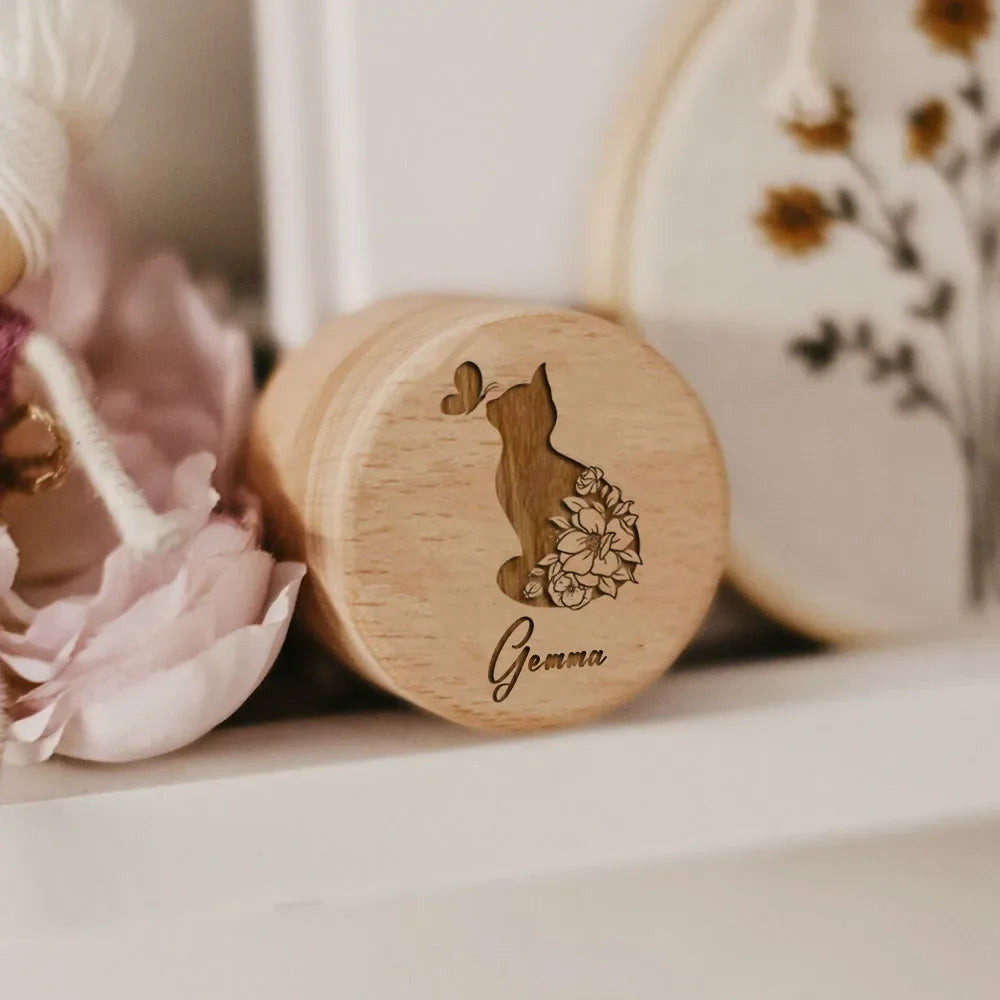 Custom Cat Memorial Box – Wooden Carved Keepsake with Butterfly Print for Pet Hair & Tooth Storage