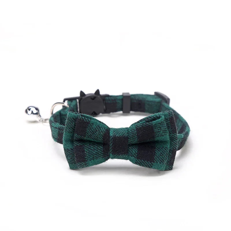 Plaid Breakaway Cat Collar with Bow Tie & Bell – Adjustable Holiday Pet Collar for Cats & Small Dogs
