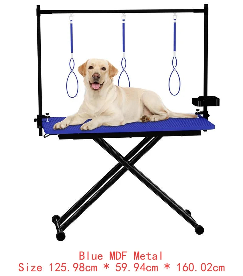 47" X-Lift Large Dog Grooming Table – Foldable Adjustable Pet Station with Arms, Nooses, Mesh Tray & Tool Rack (Blue)