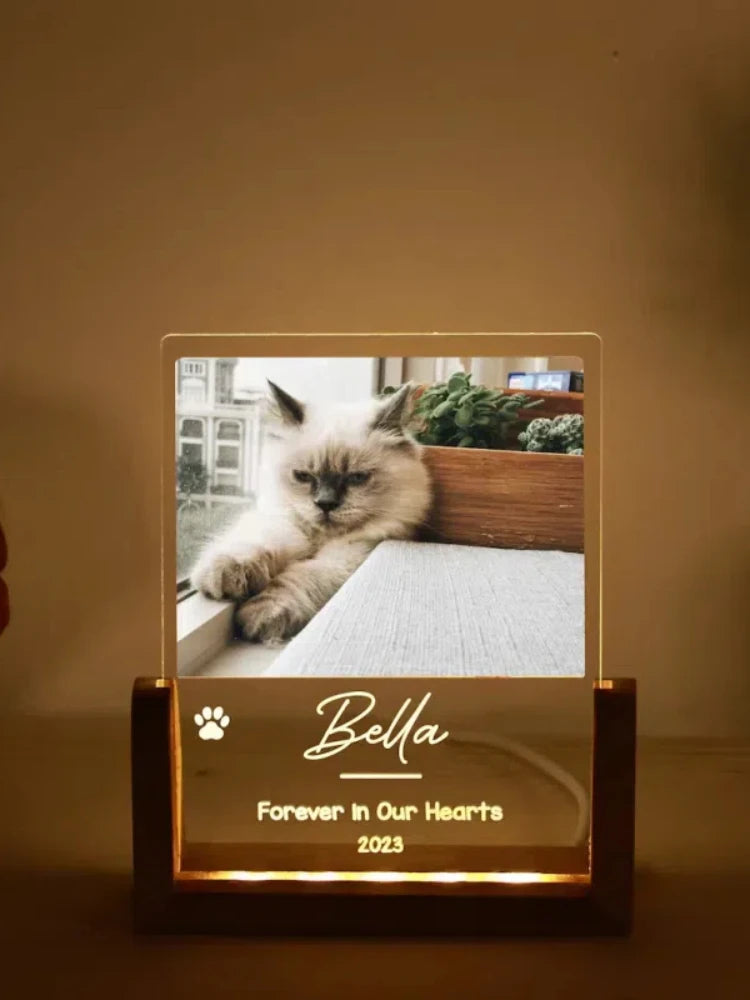 Custom Pet Photo LED Night Light – Acrylic & Wooden Stand
