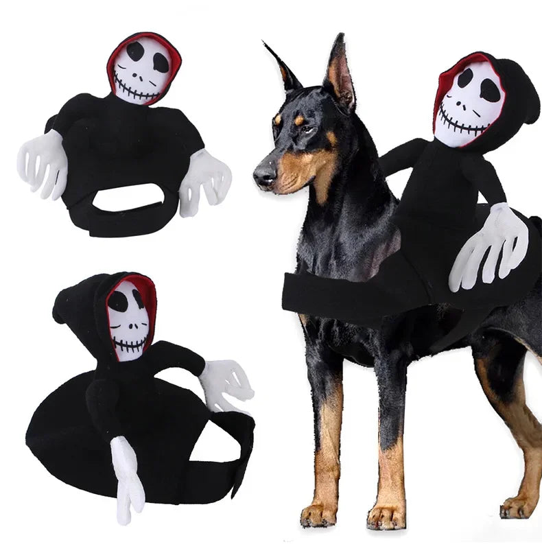 Halloween Death Rider Dog Costume – Adjustable Skeleton Rider Outfit for Cats & Dogs