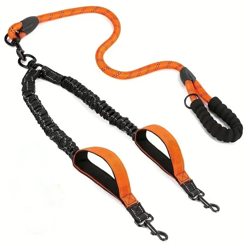Reflective Double Dog Leash – 360° No-Tangle Dual Walking Leash with Two Traffic Handles & Shock Absorption