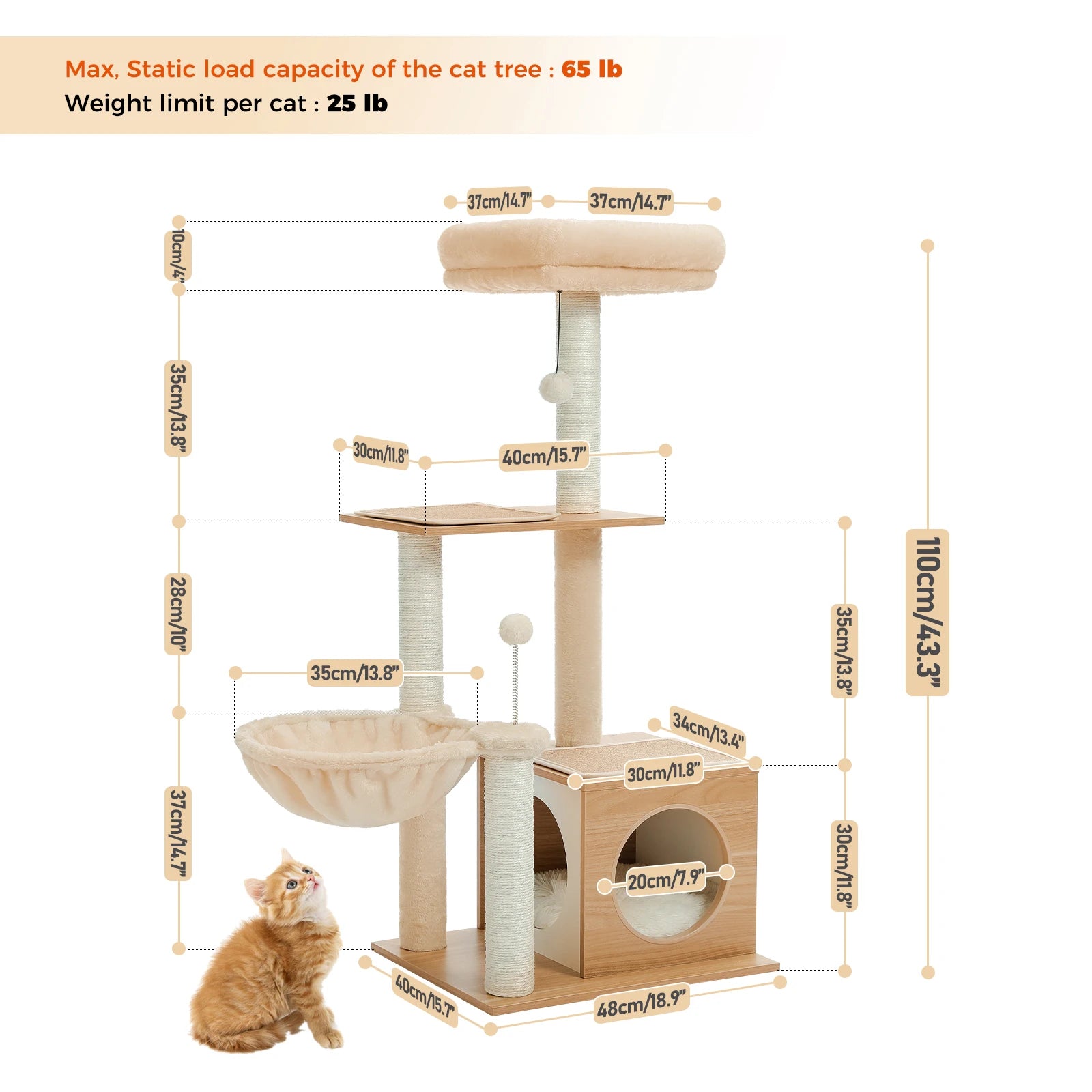 Modern Cat Tree – Multi-Level Wood Tower with Condo, Hammock & Scratching Posts