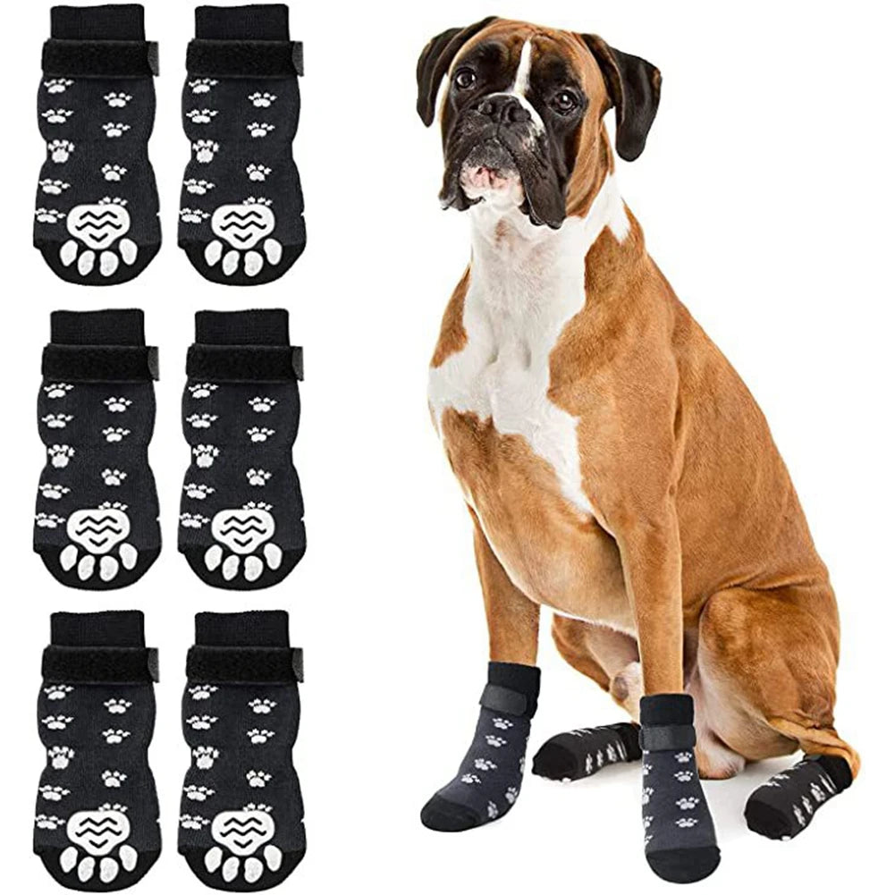 4-Pack Anti-Slip Dog Socks – Adjustable Paw Protectors with Rubber Grip for Indoor Traction