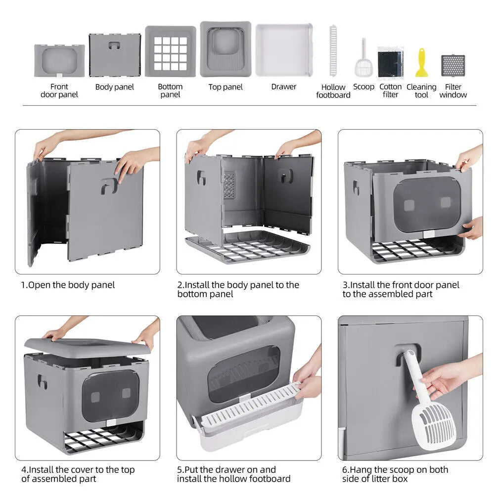 Enclosed Foldable Cat Litter Box with Scoop & Tray – Sifting, Detachable Design with Top & Front Entry for Easy Cleaning