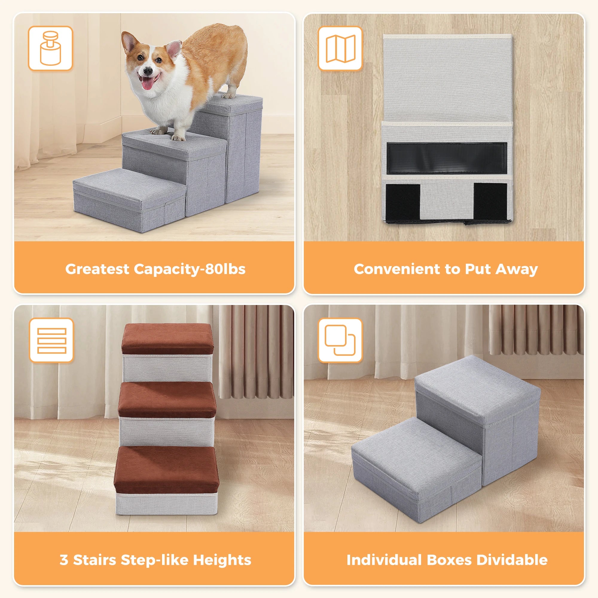 3-Tier Foldable Dog Stairs with Storage – Adjustable Height Pet Steps with Non-Slip Surface for Small & Senior Dogs and Cats (Indoor Use)