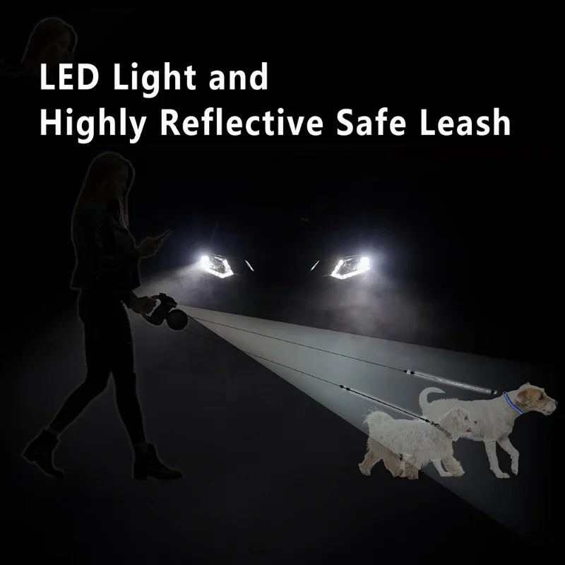 Retractable Dual Dog Leash – LED Light, 360° Swivel, Reflective, No-Tangle