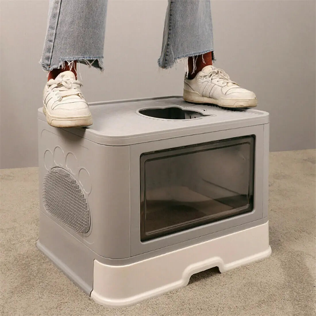 Foldable Enclosed Cat Litter Box – Front Entry & Top Exit Design with Massager, Litter Scoop & Space-Saving Foldable Structure