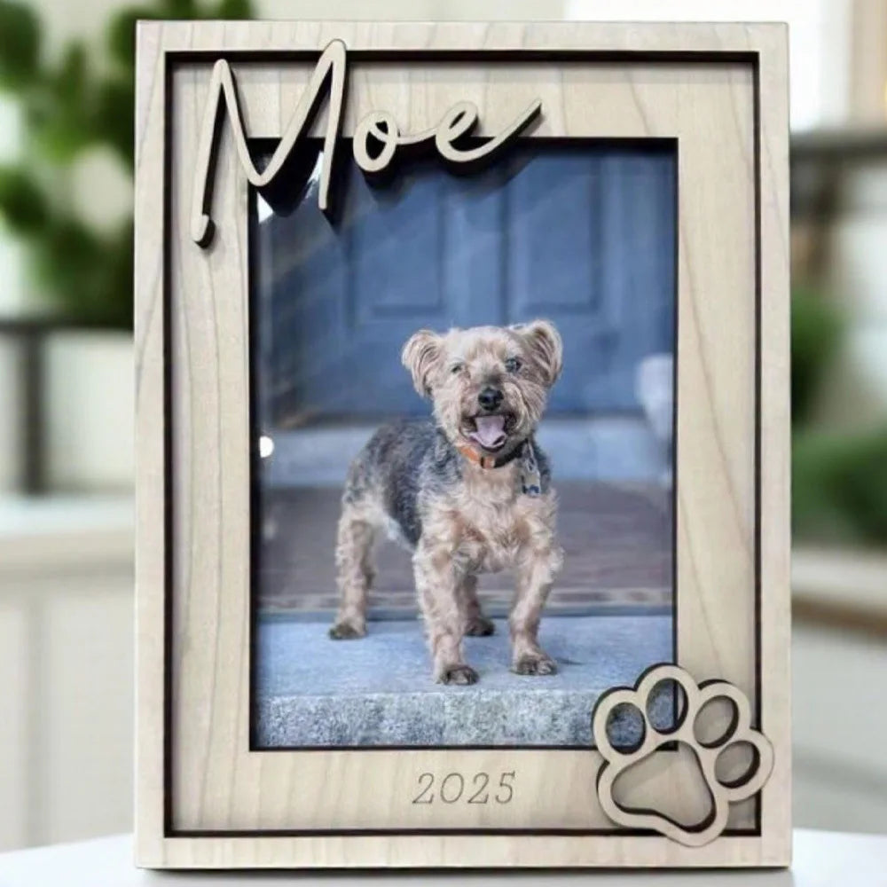 Personalized Wooden Dog Photo Frame – Custom Pet Memorial Gift with Name & Date