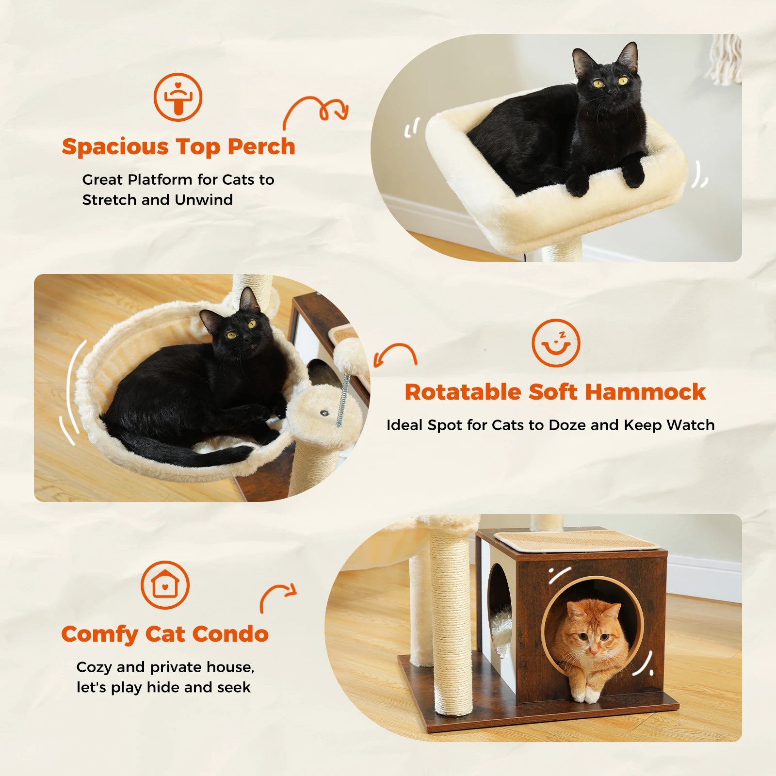 Modern Cat Tree – Multi-Level Wood Tower with Condo, Hammock & Scratching Posts