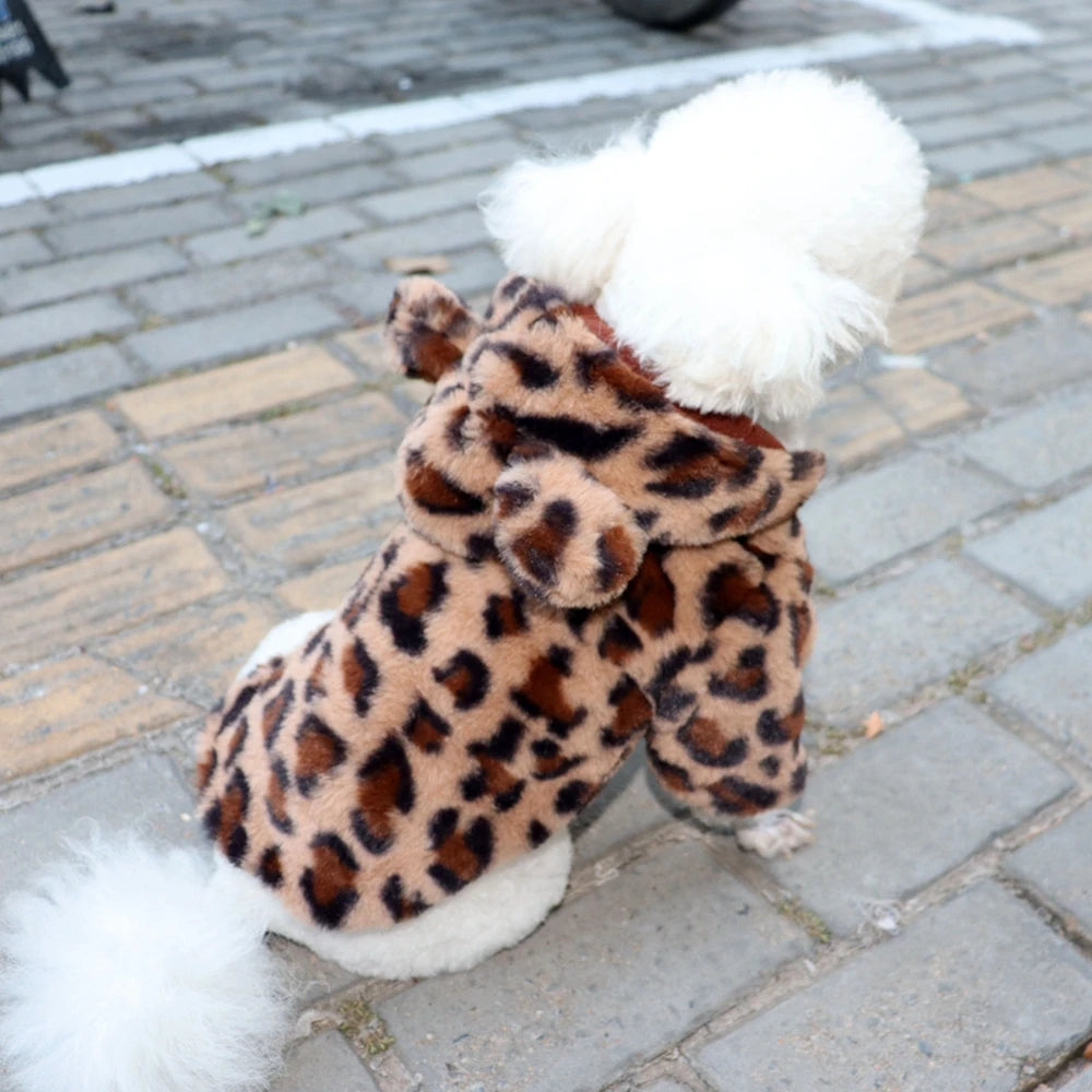 Leopard Fleece Dog Hoodie – Warm Winter Coat for Small Dogs