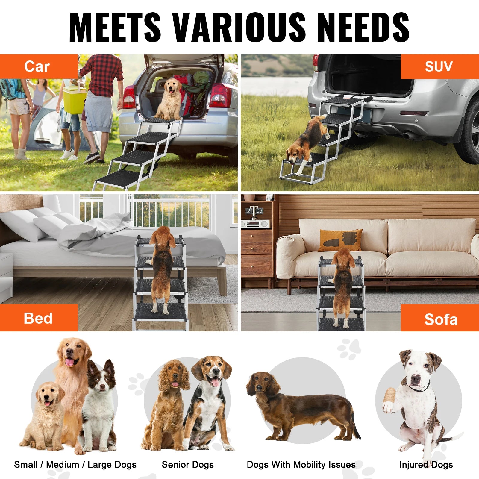 VEVOR 4-Step Dog Car Stairs – Wide Folding Aluminum Pet Steps for SUV, Truck, and Car | Portable, Lightweight & Supports Up to 150 lbs