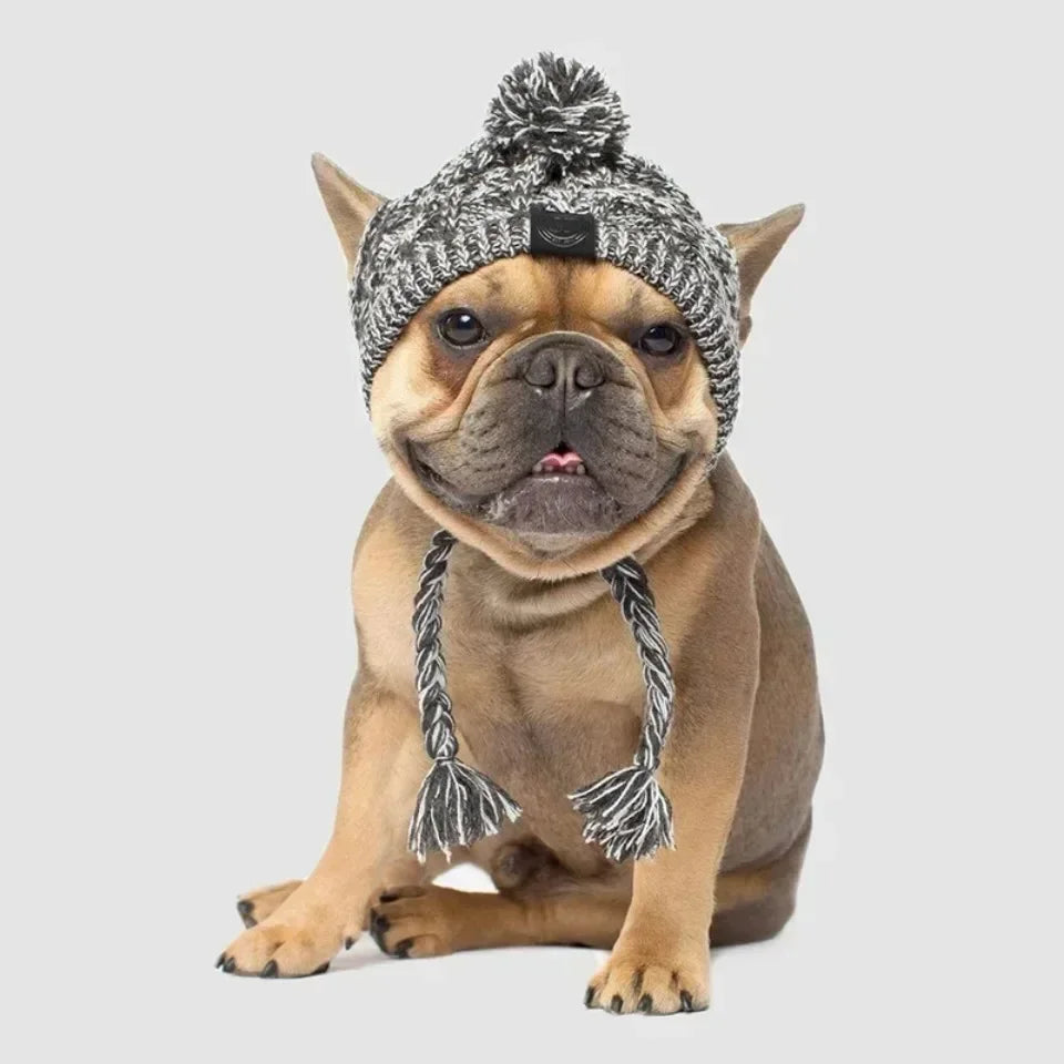 Winter Knitted Pet Hat – Warm Woolen Cap with Fur Ball for Cats & Dogs