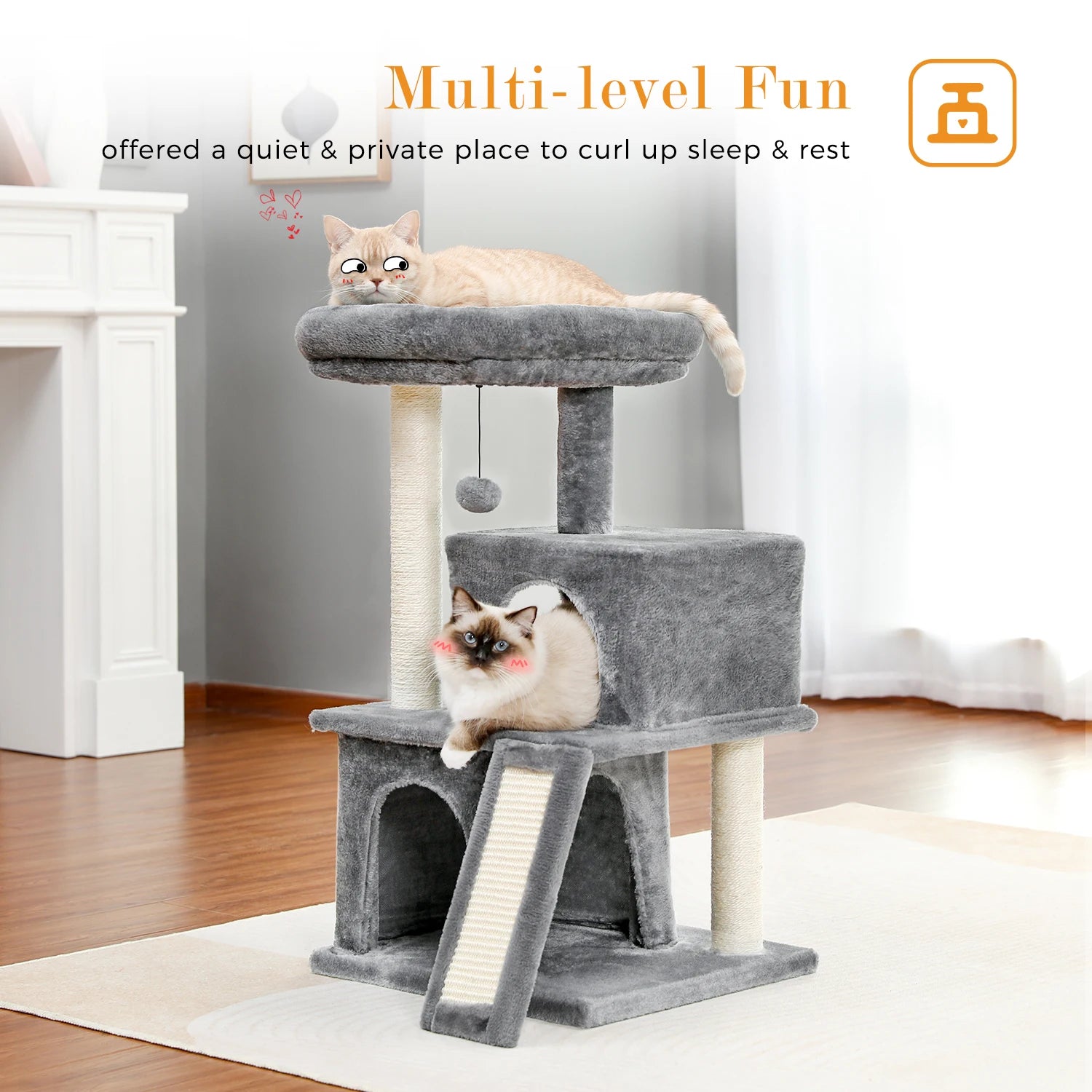Wooden Cat Tower – Double Condos with Scratching Posts & Perches