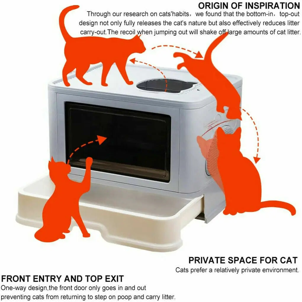 Foldable Enclosed Cat Litter Box – Front Entry & Top Exit Design with Massager, Litter Scoop & Space-Saving Foldable Structure