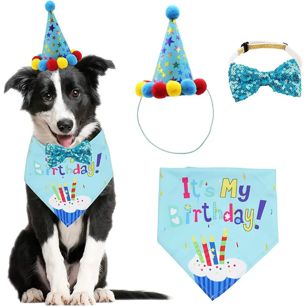 Dog Birthday Set – Hat, Scarf & Bow Tie Party Outfit for Small to Large Dogs