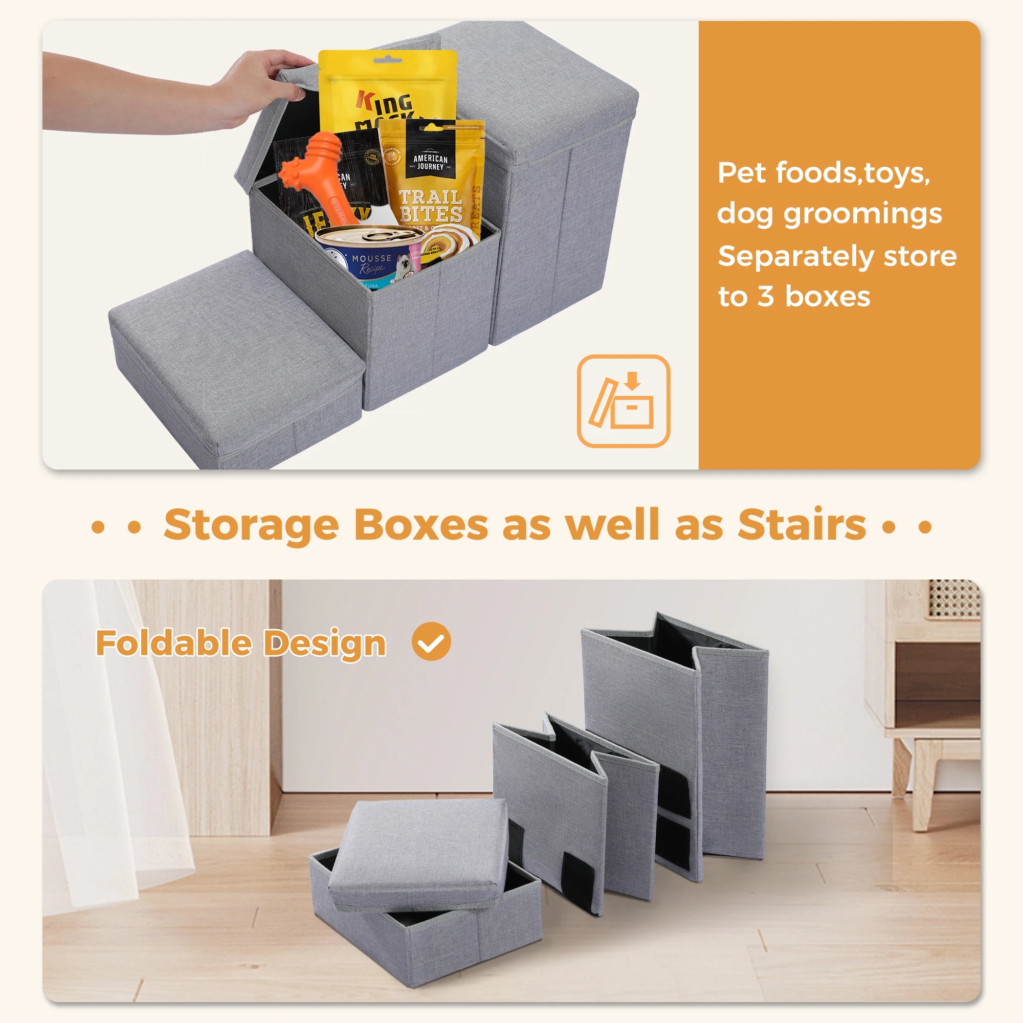 3-Tier Foldable Dog Stairs with Storage – Adjustable Height Pet Steps with Non-Slip Surface for Small & Senior Dogs and Cats (Indoor Use)