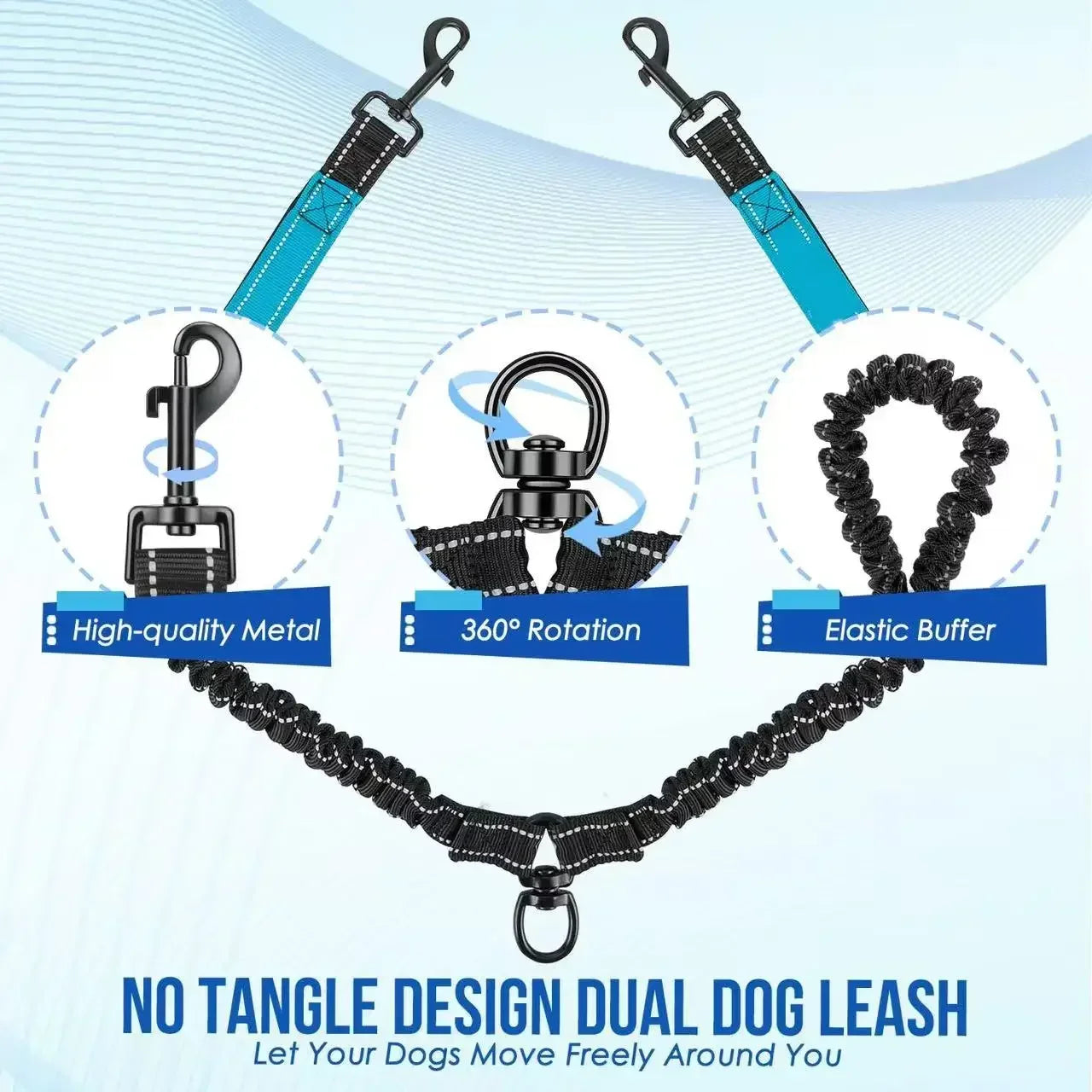 Reflective Double Dog Leash – 360° No-Tangle Dual Walking Leash with Two Traffic Handles & Shock Absorption