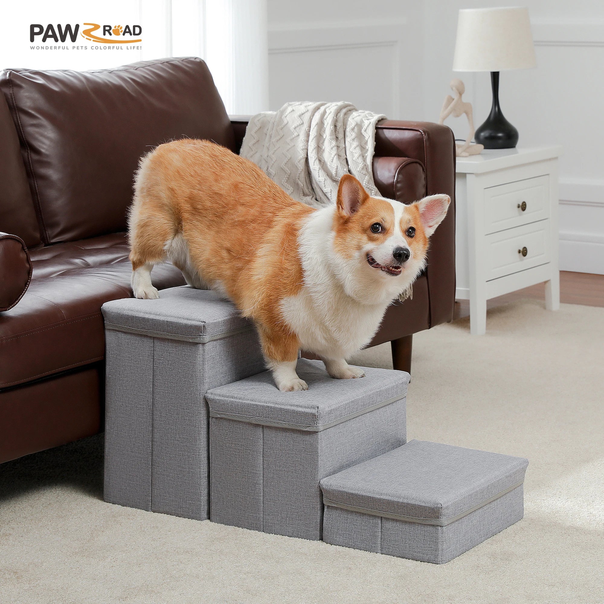 3-Tier Foldable Dog Stairs with Storage – Adjustable Height Pet Steps with Non-Slip Surface for Small & Senior Dogs and Cats (Indoor Use)