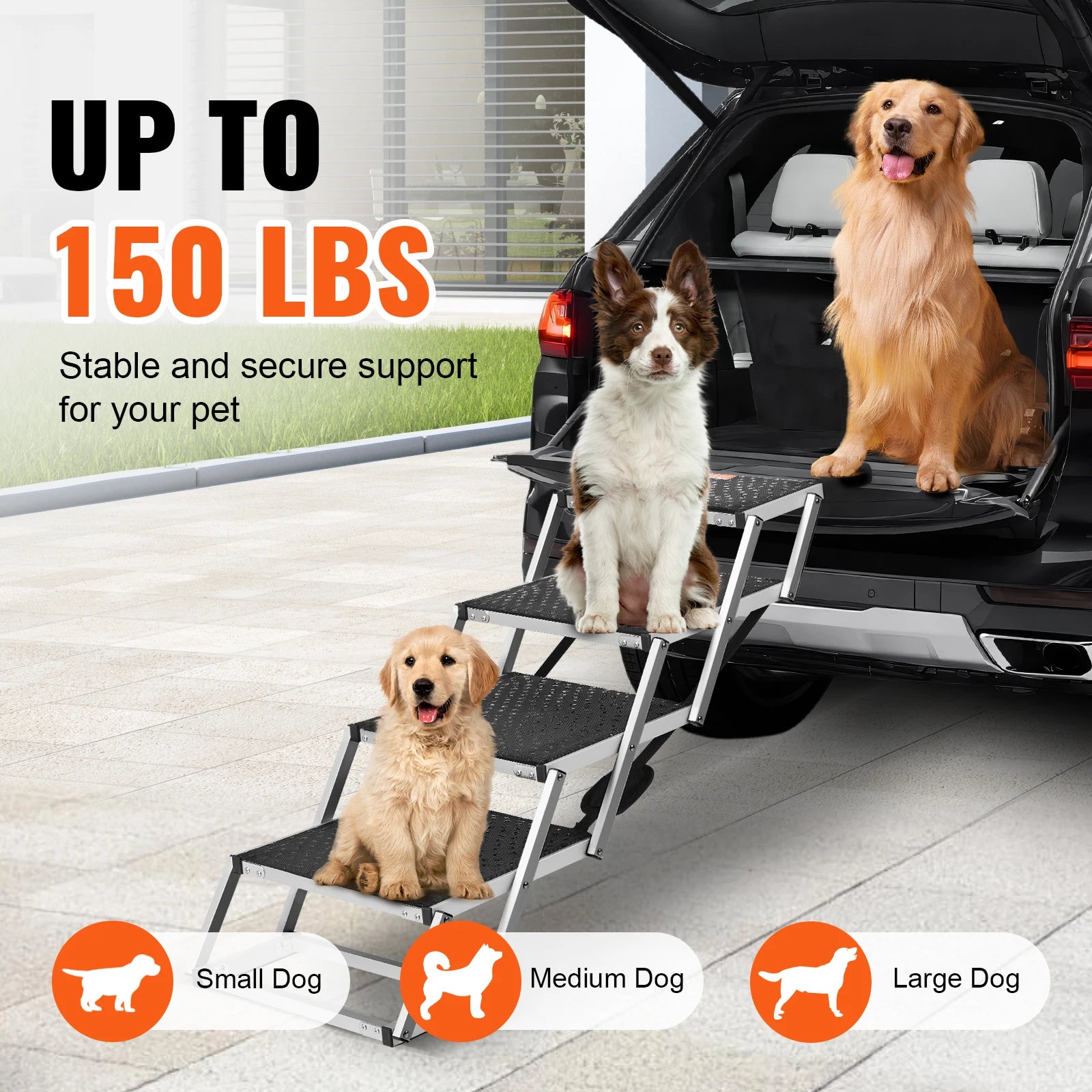 VEVOR 4-Step Dog Car Stairs – Wide Folding Aluminum Pet Steps for SUV, Truck, and Car | Portable, Lightweight & Supports Up to 150 lbs