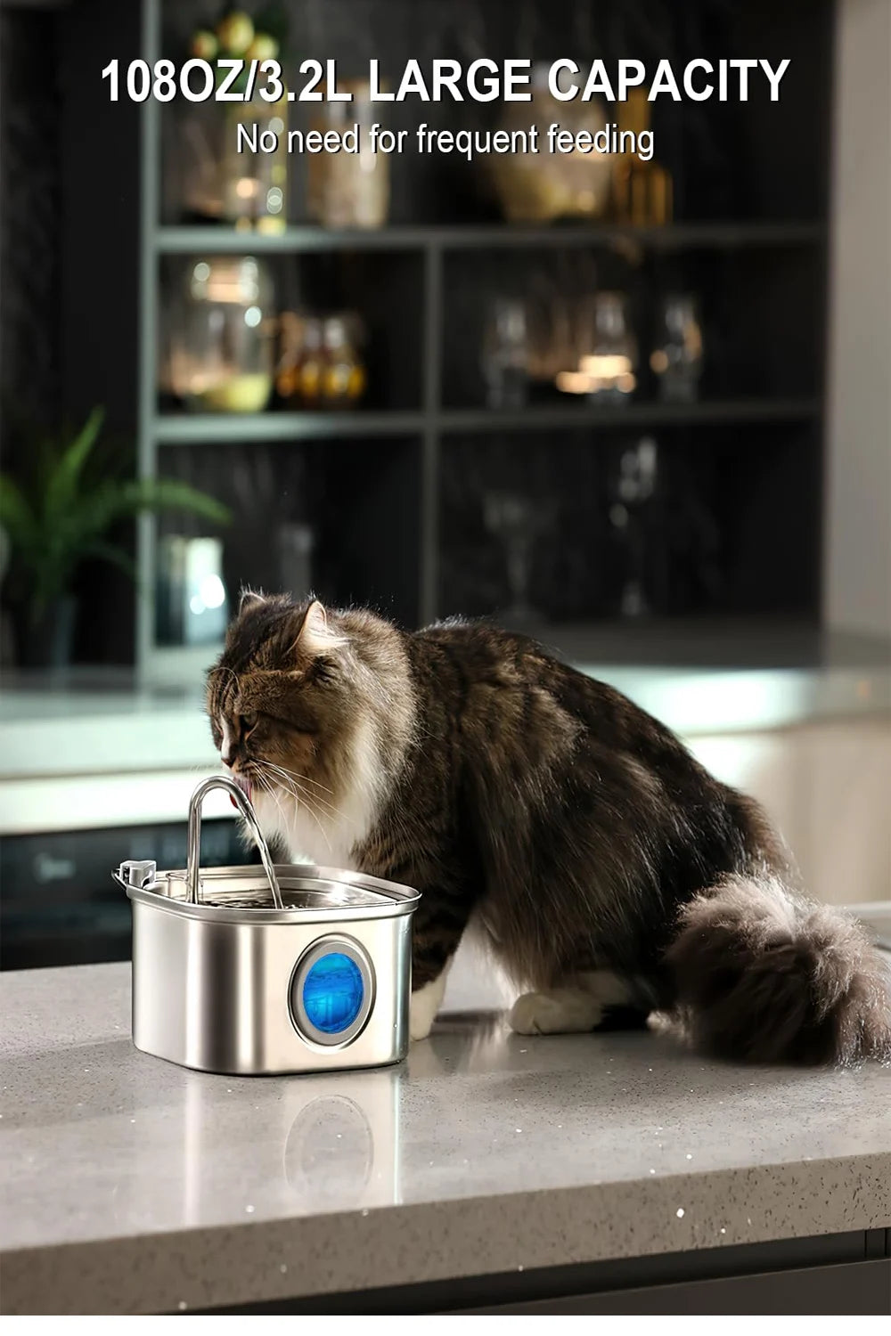 3.2L Stainless Steel Pet Water Fountain – Automatic Cat & Dog Drinking Dispenser with Visual Water Level Window