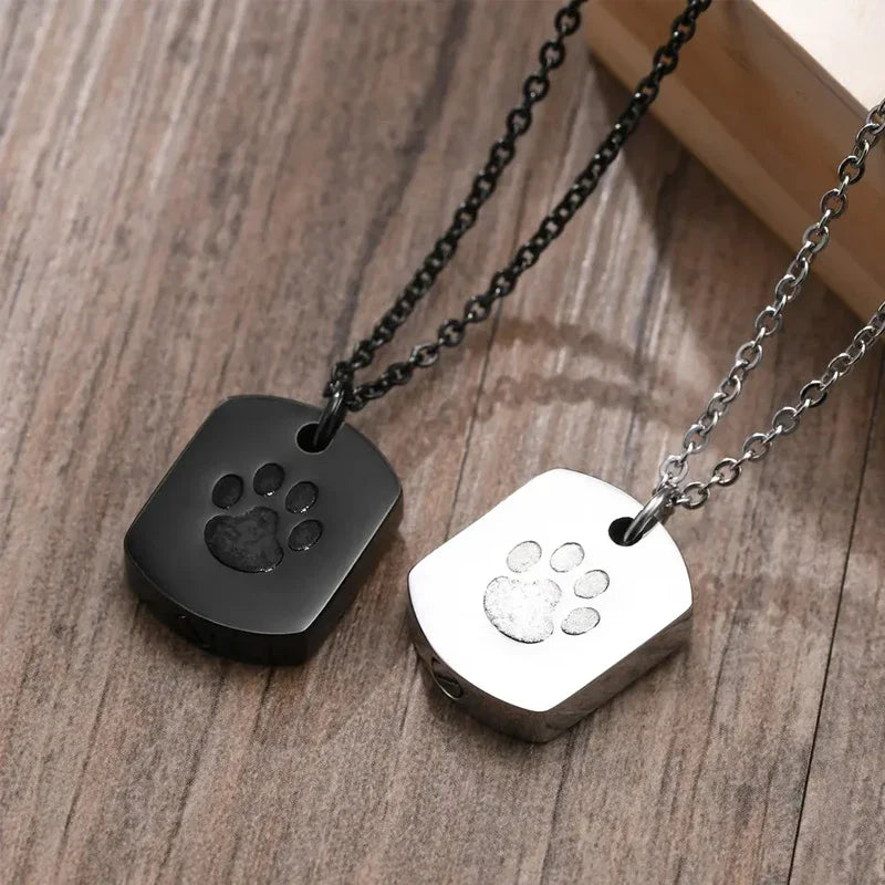 Paw Print Cremation Necklace – Square Memorial Urn Pendant for Dog & Cat Ashes Keepsake Jewelry