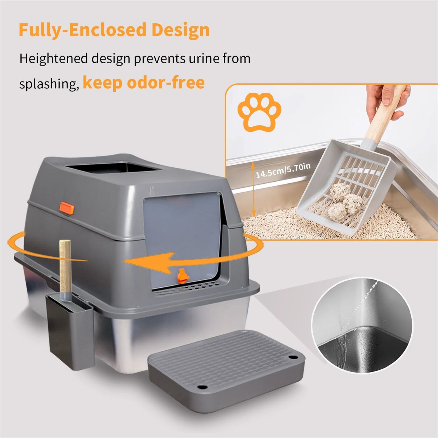 Enclosed Stainless Steel Cat Litter Box with Lid – Extra Large Metal Litter Pan Tray with High Walls for Big Cats