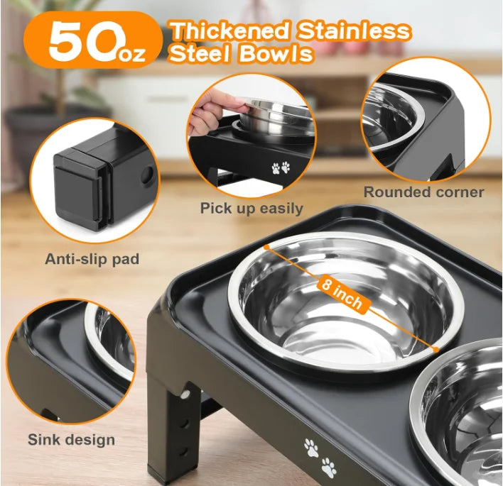 Adjustable Raised Dog Bowl Set – 2 Stainless Steel 50oz Bowls with Foldable Stand