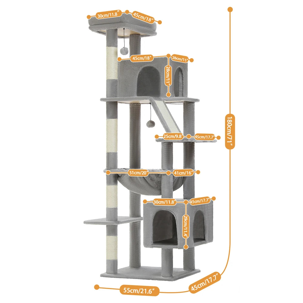 180cm Large Cat Tree Tower – Multi-Level Cat Condo with Hammock, Spacious Perch & Sisal Scratching Posts