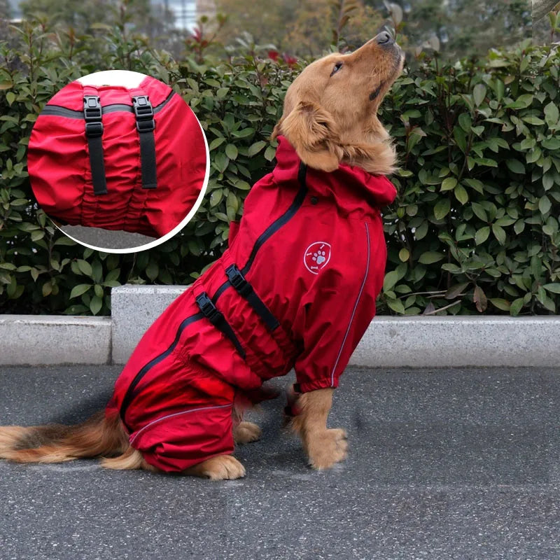 Waterproof Reflective Dog Raincoat – Red All-Weather Jacket for Large Dogs