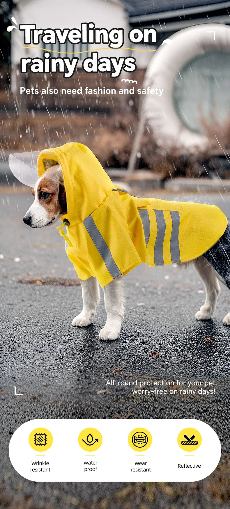 Large Dog Raincoat – Waterproof Reflective Hooded Yellow Jacket