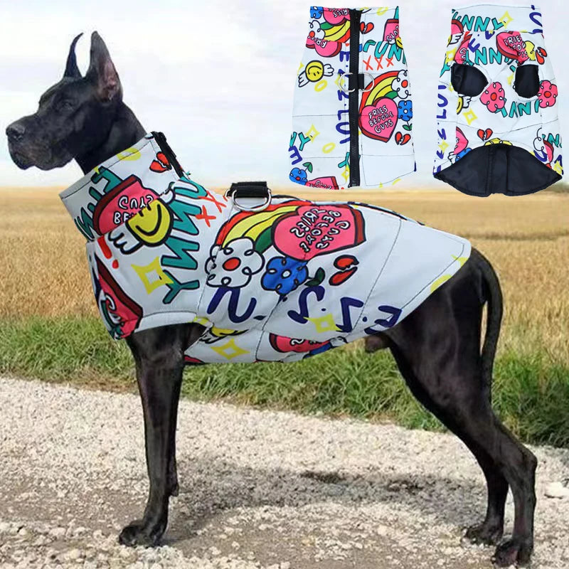 Fashion Waterproof Dog Jacket – Warm Winter Coat with Harness Buckle for Large Dogs