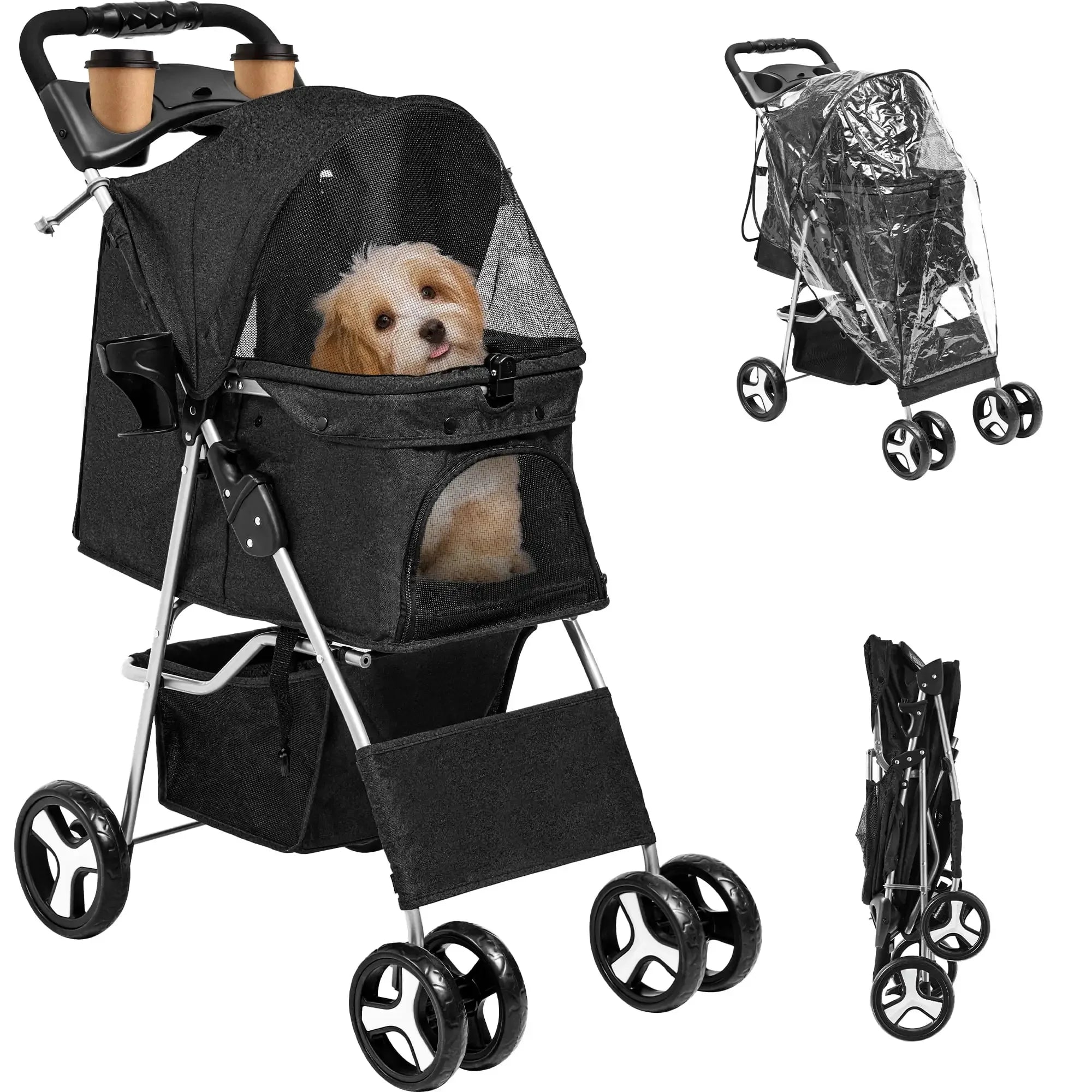 Foldable Dog Stroller for Small & Medium Pets – 360° Swivel Wheels & Storage Basket
