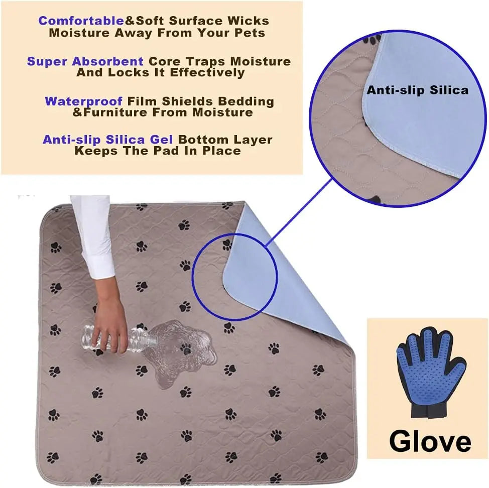 Washable Dog Pee Pads with Grooming Gloves – Reusable Waterproof Puppy Training Pads (Large)