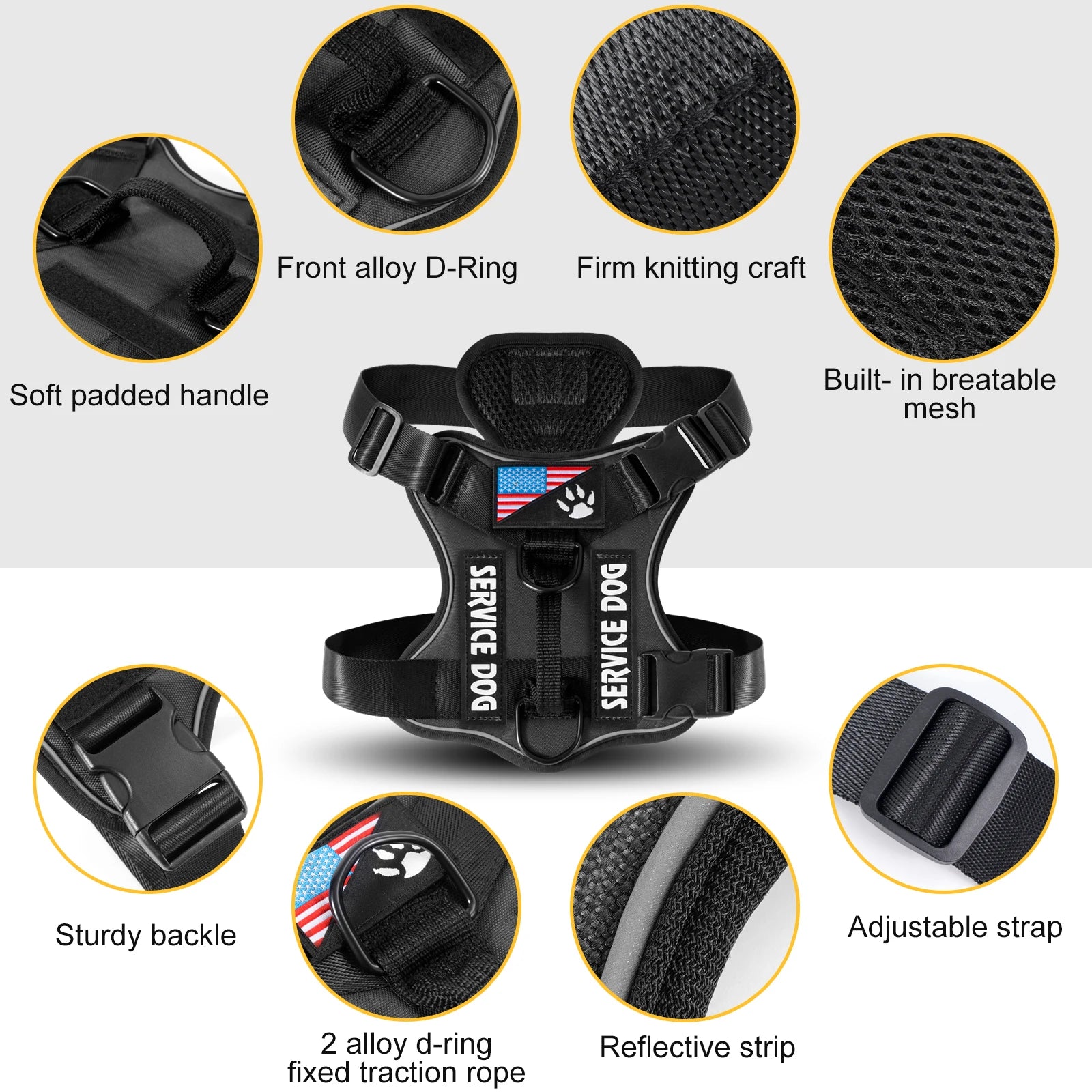 Service Dog Harness – Reflective Adjustable Dog Vest with 5 Patches, Soft Oxford & Mesh
