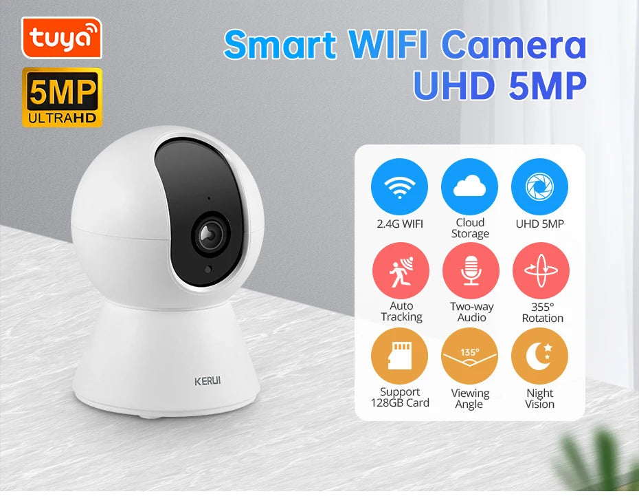 KERUI 5MP Mini Indoor WiFi Camera – Smart IP CCTV with Auto Tracking & Tuya App Support