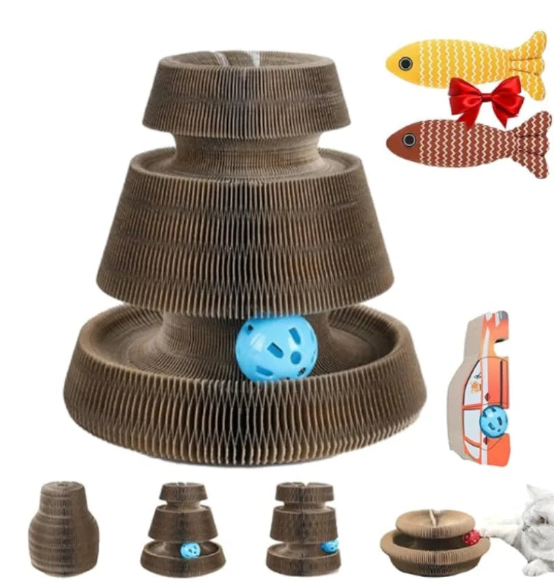 Cat Scratch Board Toy with Bell – Foldable Accordion Cardboard Climbing Frame & Ball | Recyclable Interactive Toy for Kittens & Cats