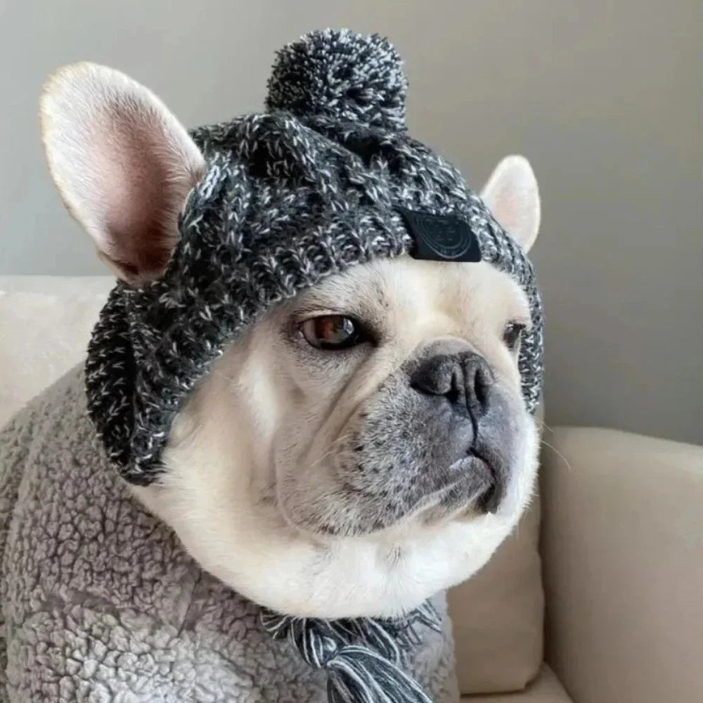 Winter Knitted Pet Hat – Warm Woolen Cap with Fur Ball for Cats & Dogs