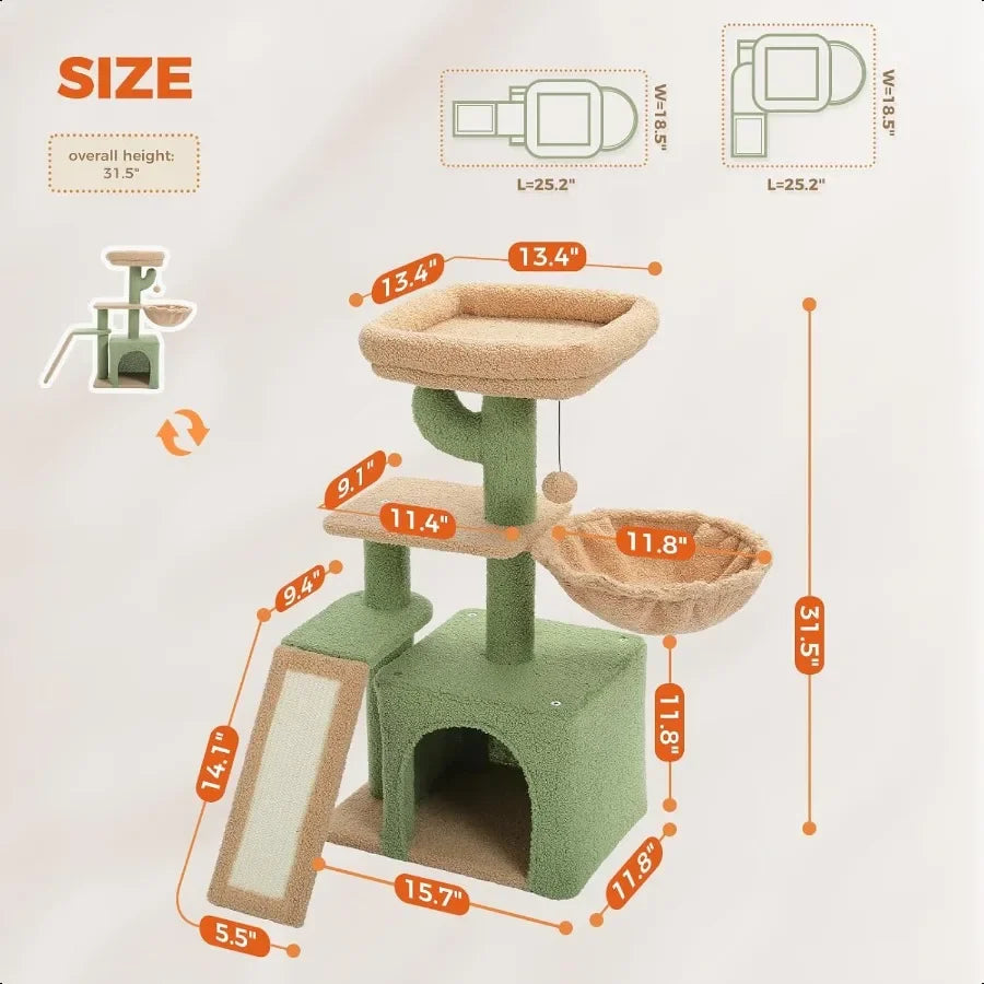 Cactus Cat Tree – 32" Cat Tower with Condo, Hammock & Scratching Ramp