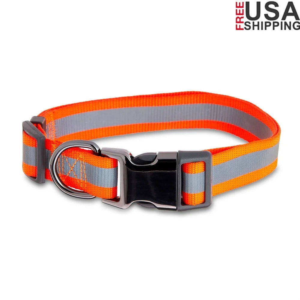 Large Adjustable Nylon Dog Collar – Neon Orange with Metal Buckle & D-Ring Leash Attachment