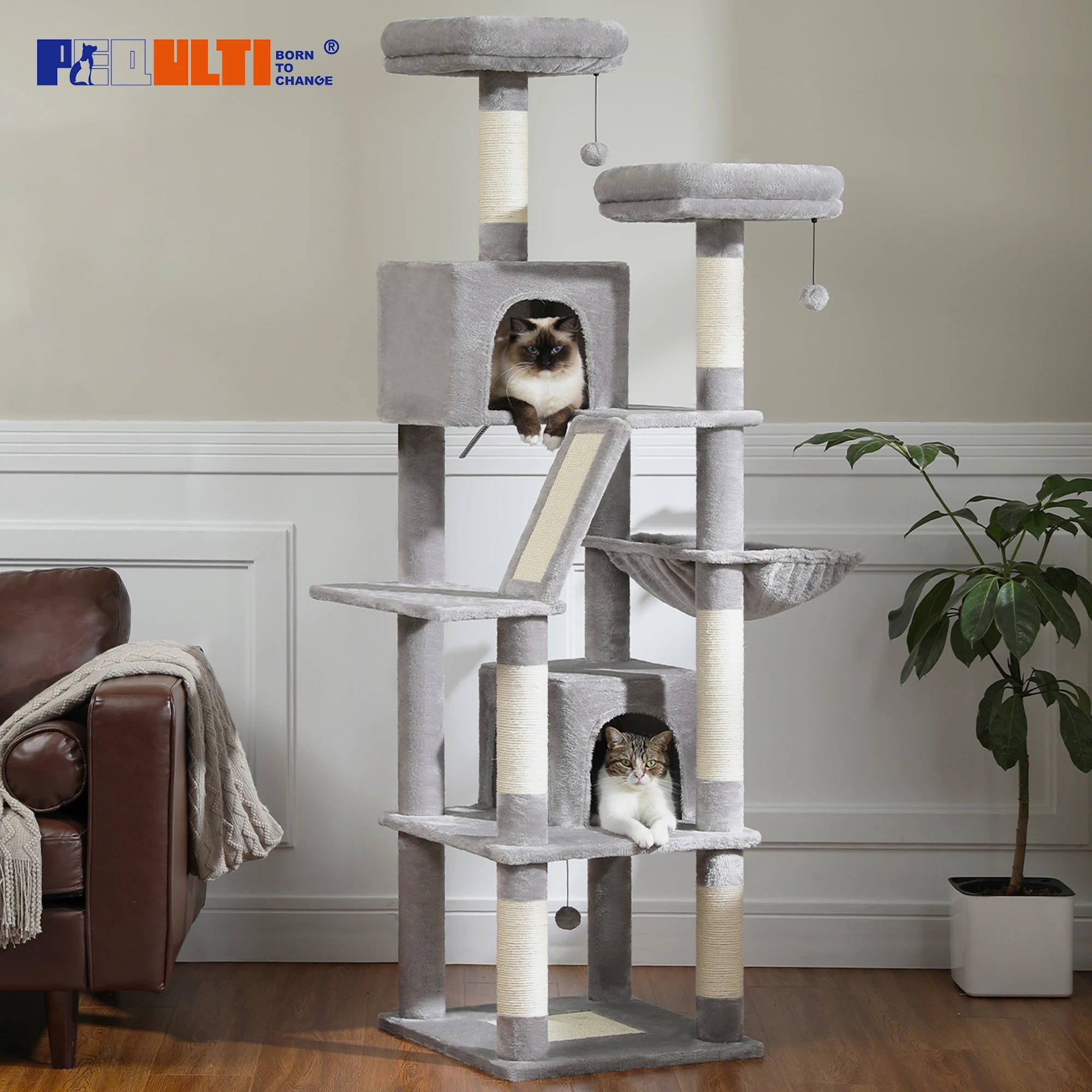 Large Multi-Level Cat Tree Tower – Tall Plush Indoor Cat Condo with Scratching Posts, Perches, Caves & Boards