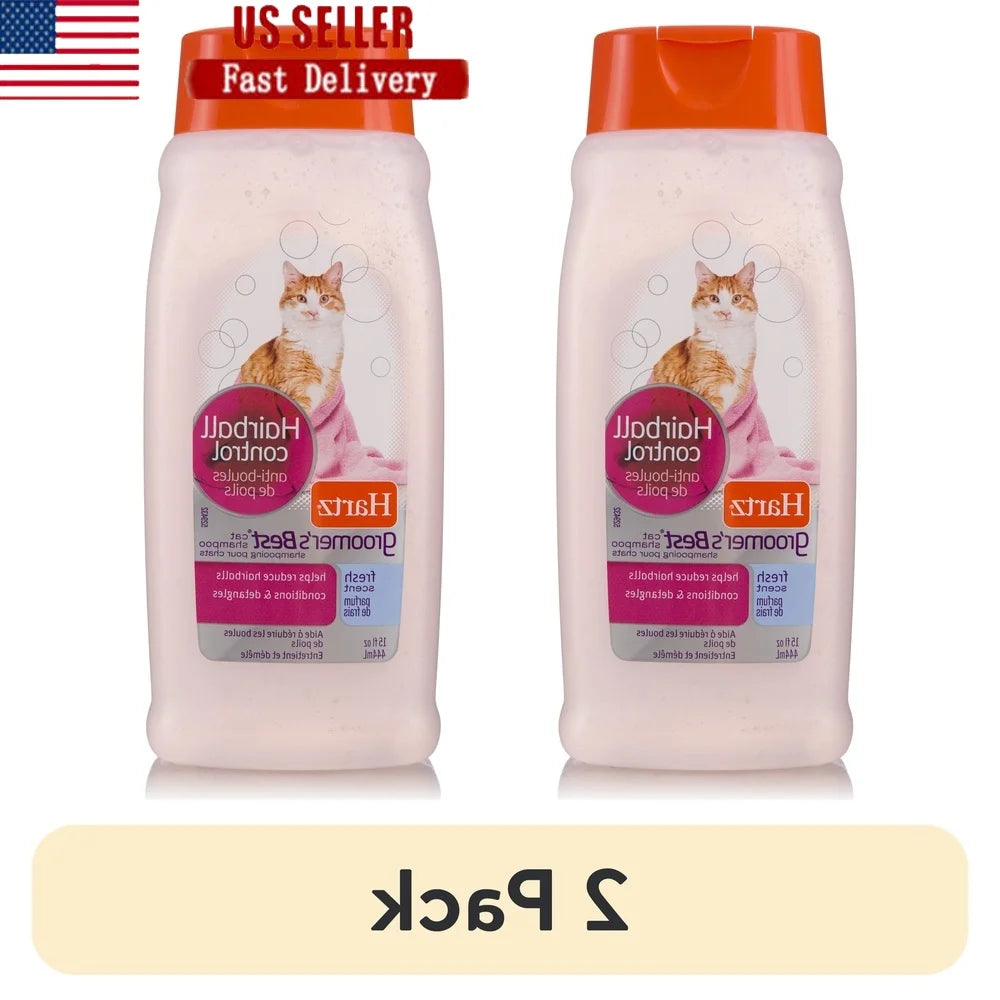 Groomer’s Best Cat Shampoo – Hairball Control 2 Pack, Fresh Scent, 15oz – Silky, Shiny Coat Conditioner