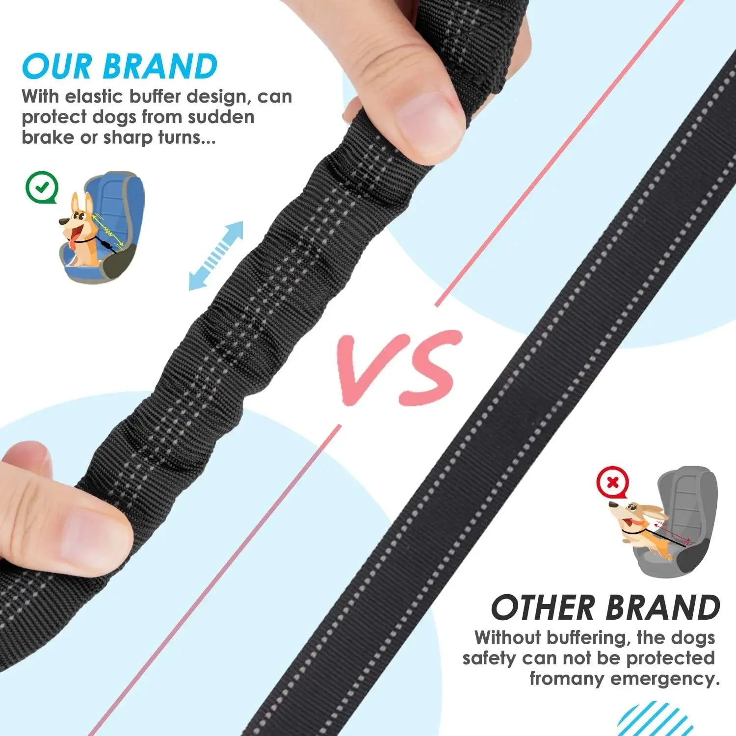 Double Dog Car Seat Belt – Adjustable No-Tangle Safety Leash with Bungee Buffer & Reflective Strips for Two Pets