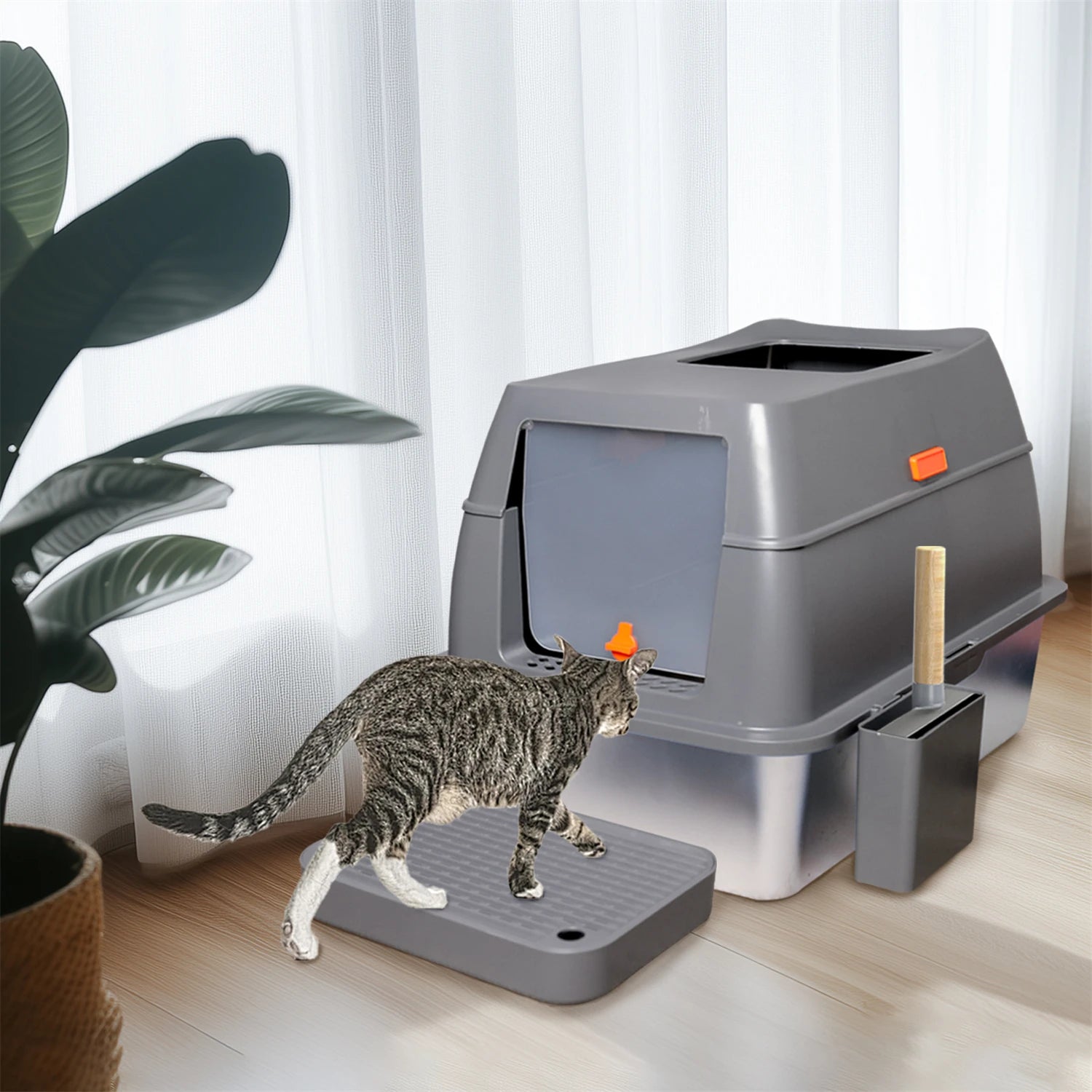 Enclosed Stainless Steel Cat Litter Box with Lid – Extra Large Metal Litter Pan Tray with High Walls for Big Cats