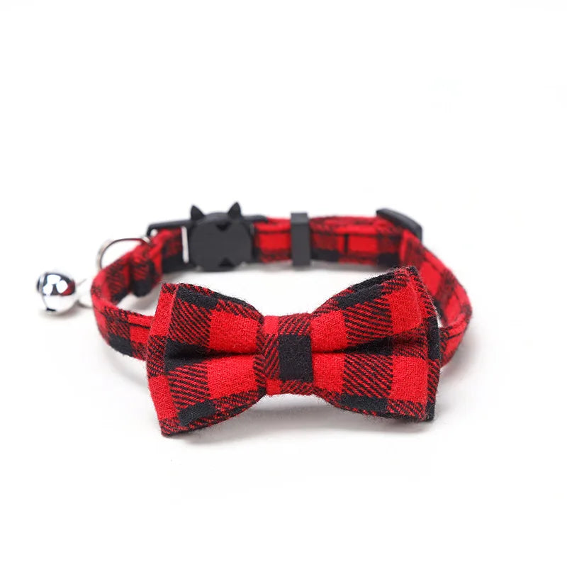 Plaid Breakaway Cat Collar with Bow Tie & Bell – Adjustable Holiday Pet Collar for Cats & Small Dogs