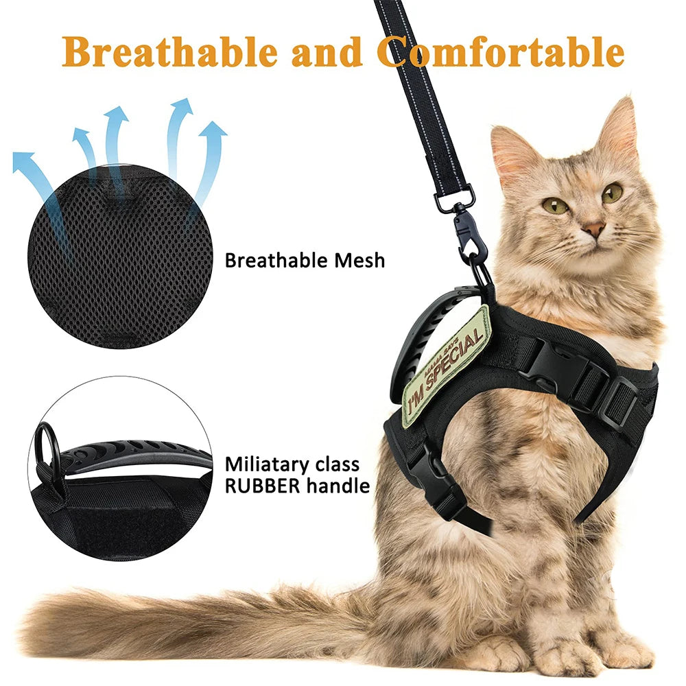 Tactical Cat Harness with Leash Set – Escape-Proof Adjustable Pet Vest with Control Handle for Large Cats & Small Dogs