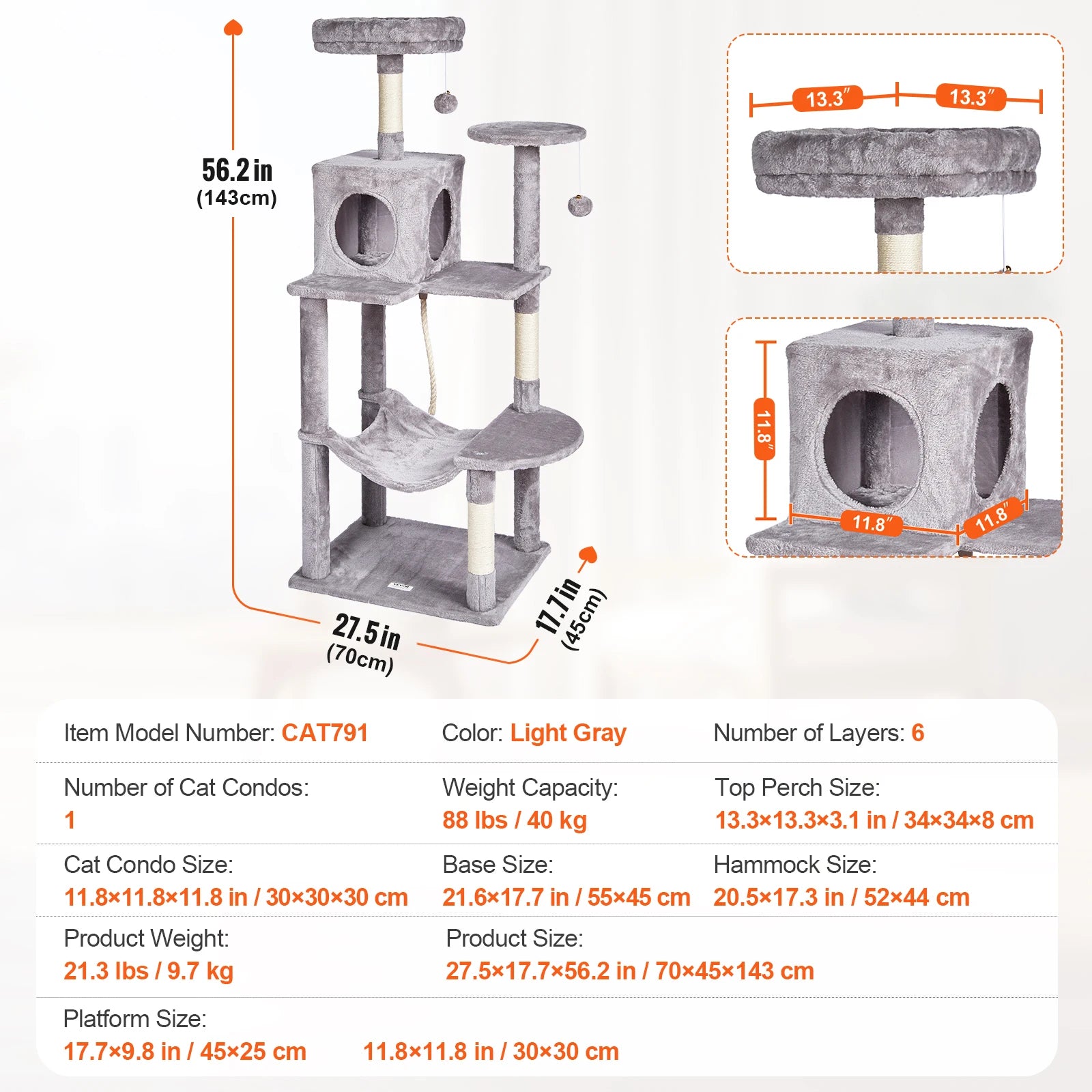 VEVOR 45.2" Cat Tree Tower – Multi-Level Cat Condo with Hammock, Top Perch & Sisal Scratching Posts (Dark Grey)